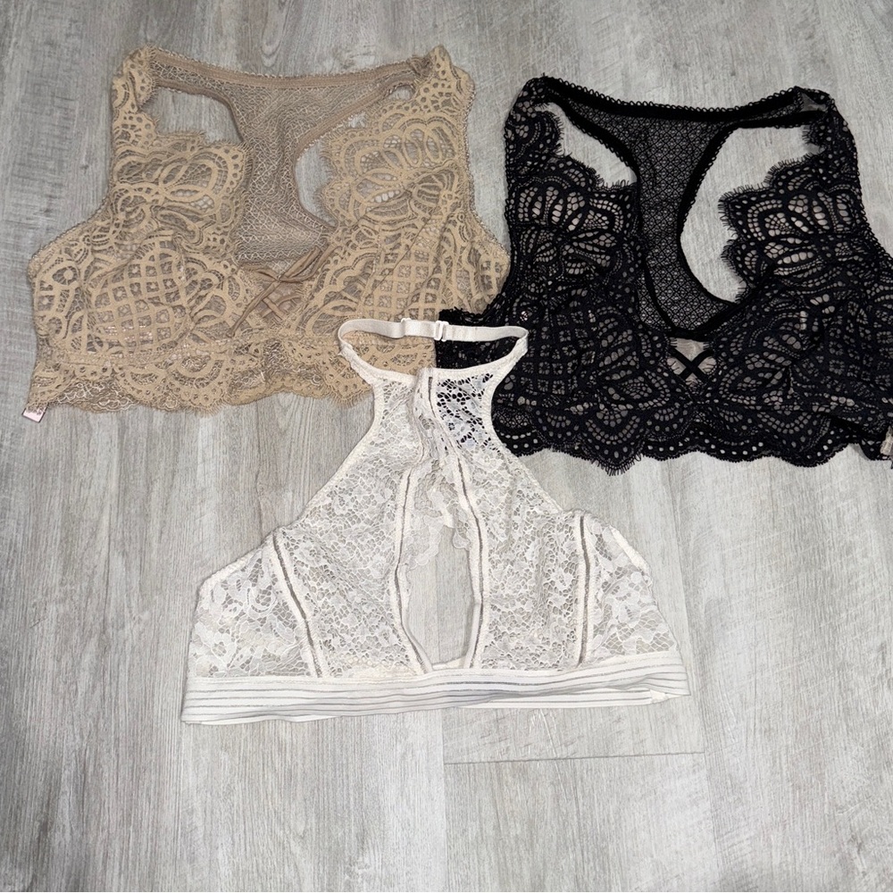 Victoria’s Secret Lace Bralette Set of 3 in Black, Beige, and White size Large